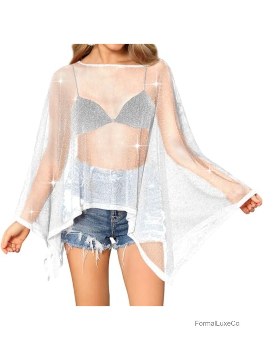 Sparkly Sheer Mesh Batwing Poncho Shawl Cape Top for Festivals